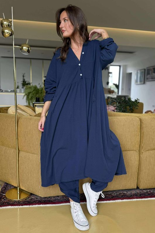 Made in Italy Donegal Cotton Jersey Smock Dress Navy